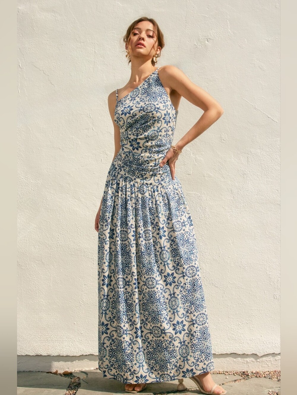 NWT Dress Forum Floral Drop Waist Maxi Dress Linen Asymmetrical Sz L Euro Summer